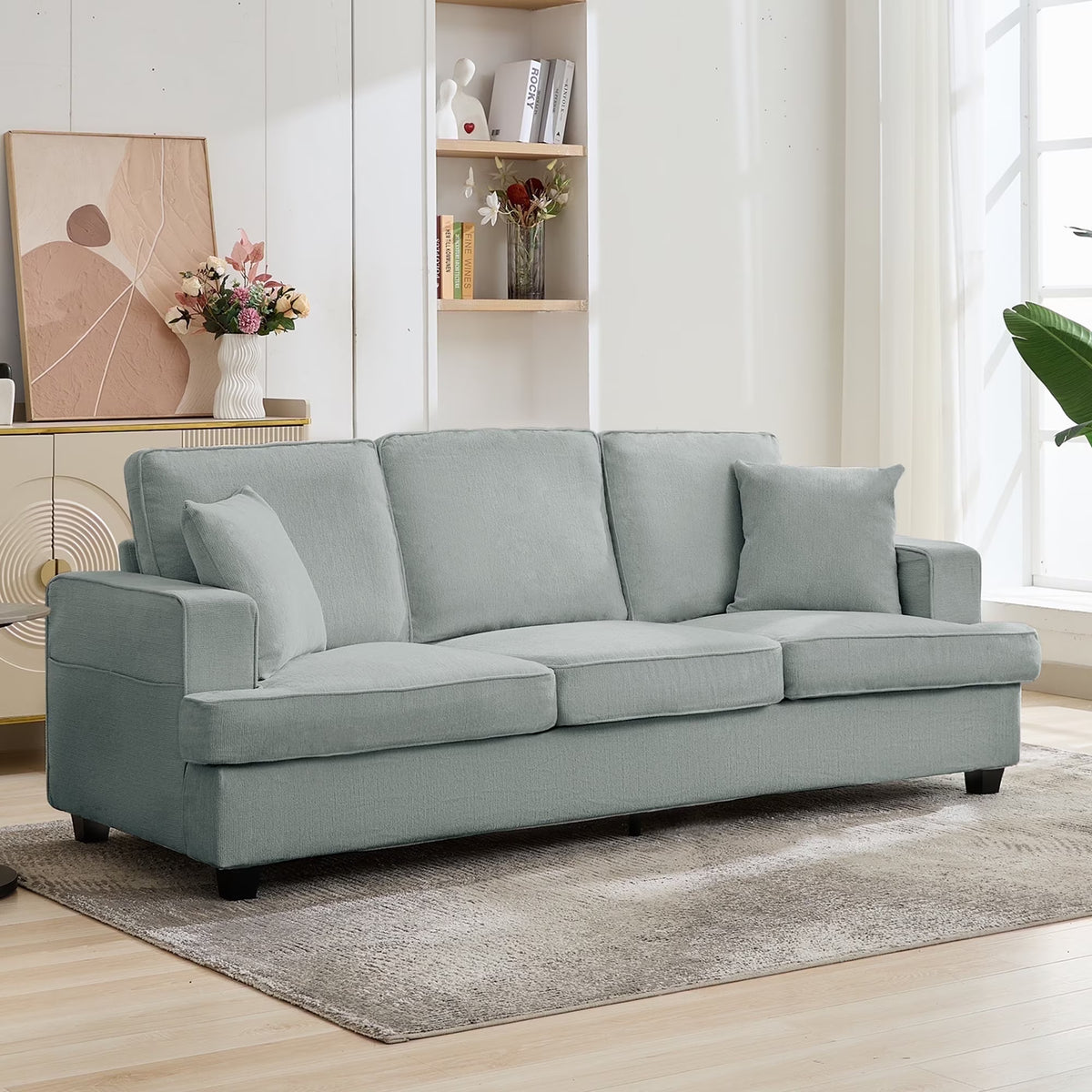 Korser 89" Chenille Sofa 3 Seater Couch with Extra Upholstered Deep Seats for Living Room,Removable Cover,Beige