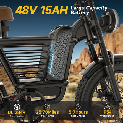 1500W Peak Electric Bike for Adults, 20" Fat Tire E-Bike, 48V 15Ah Battery, 7-Speed E-Mountain Bike with Storage Rack, UL2849