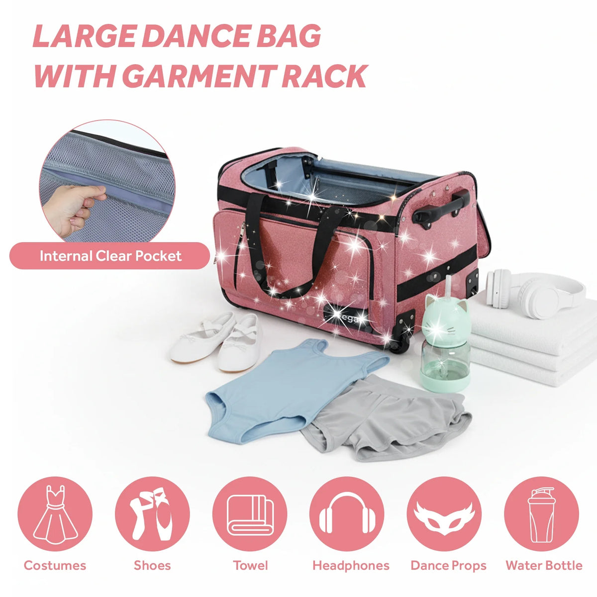 Fegat Dance Bag with Garment Rack,23"Glitter Bright Rolling Dance Duffel Bag Lightweight Competition Bag Costume Suitcase for Dancers Performer Artist, Shine Glitter Purple