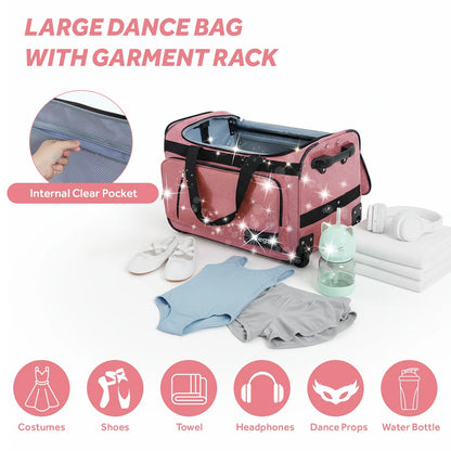 Fegat Dance Bag with Garment Rack,23"Glitter Bright Rolling Dance Duffel Bag Lightweight Competition Bag Costume Suitcase for Dancers Performer Artist, Shine Glitter Purple