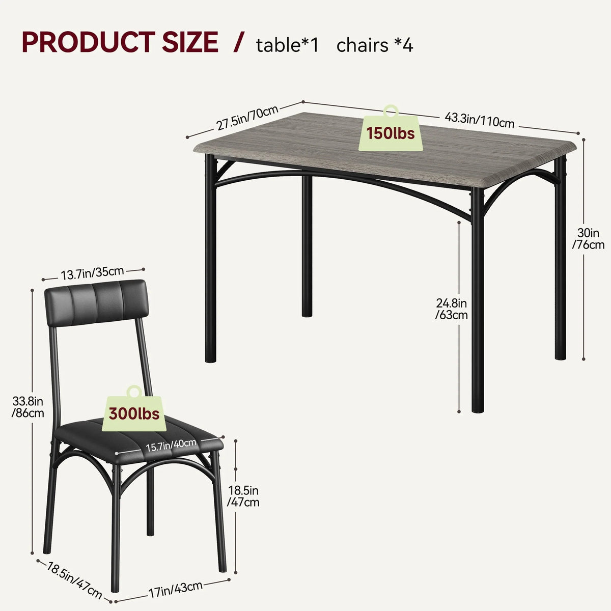GymChoice Dining Table Set for 4, Kitchen Table and Chairs for 4, Rectangular Kitchen Table Set with 4 Upholstered Chairs, 5 Piece Dining Room Table Set for Small Space, Apartment