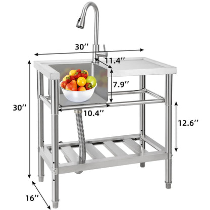 WPOND 30" Freestanding Utility Sink with Hot and Cold Faucet, Stainless Steel Sink with Workbench, Commercial Kitchen Single Bowl Sink for Garage, Restaurant, Kitchen, Laundry, NSF Certified