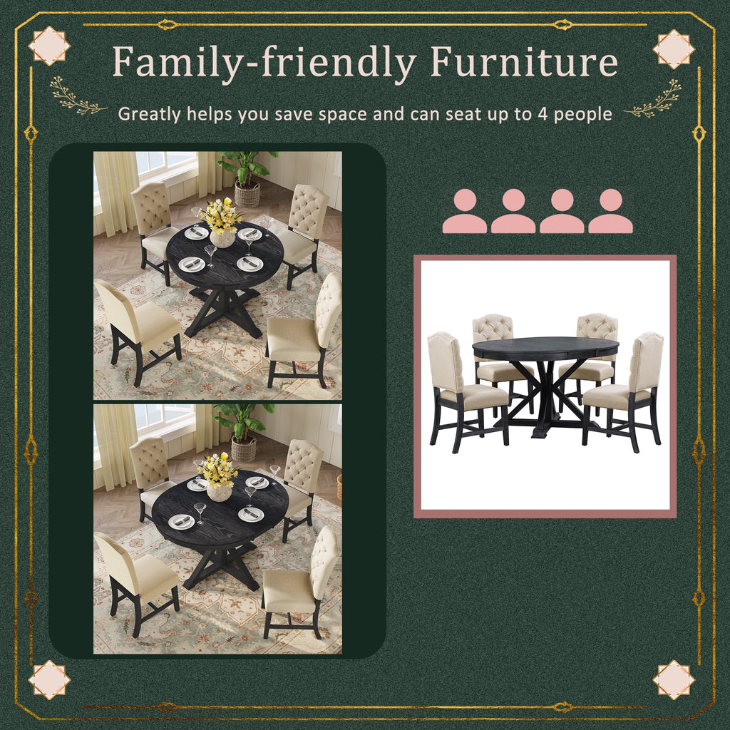 Harper & Bright Designs Round Extendable Dining Table Set for 4, 5 Piece Farmhouse Wood Dining Table Set with 4 Upholstered Dining Chairs, Natural Wood Wash