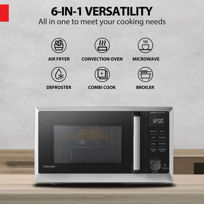 TOSHIBA 7-in-1 Countertop Microwave Oven Air Fryer Combo, Inverter, Convection, Broil, Speedy Combi, Even Defrost, Humidity Sensor, Mute Function, 27 Auto Menu&47 Recipes, 1.0 cu.ft/30QT, 1000W
