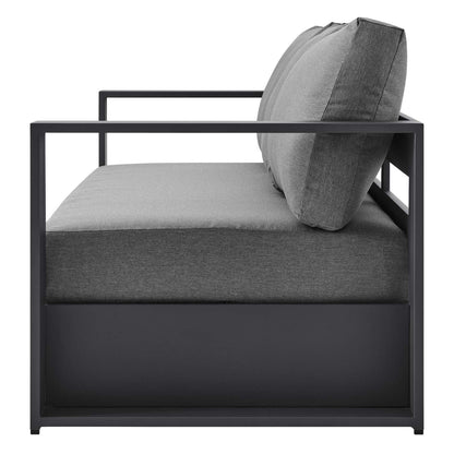 Lounge Sofa Table Set, Grey Gray, Aluminum, Metal, Fabric, Modern Contemporary, Outdoor Patio Balcony Cafe Bistro Garden Furniture Hotel Hospitality