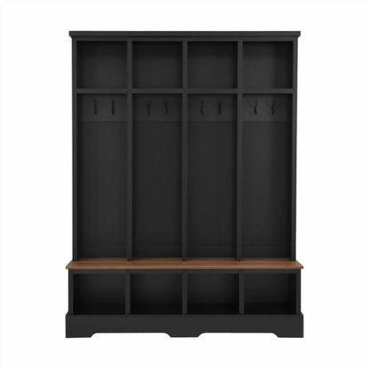 Farmhouse Hall Tree with Bench, 59" Wide Entryway Organizer with 8 Hooks & Storage Compartments, Modern Coat Rack & Shoe Bench for Mudroom,White