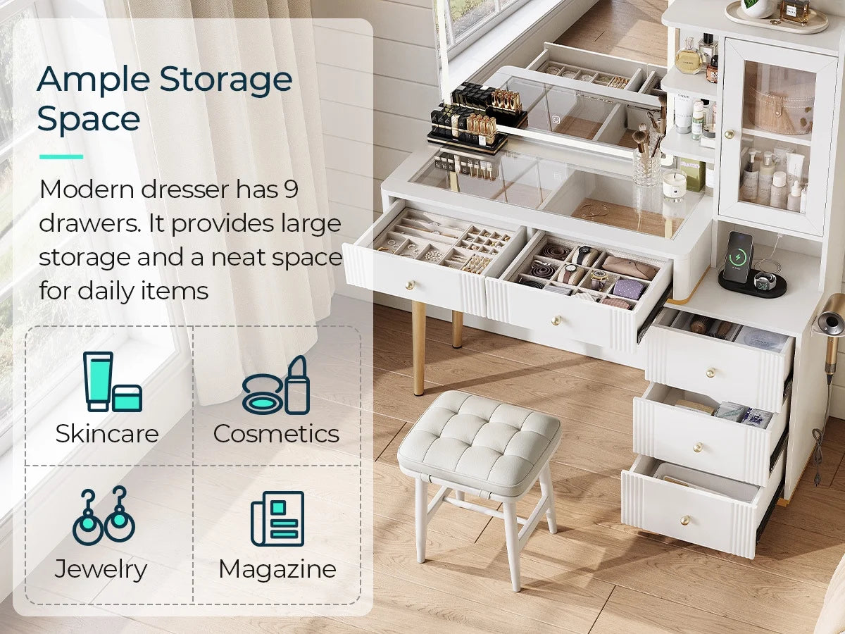 Linsy Home Large 47.2" Makeup Vanity With Mirror And 11 Lights, Glass Top Vanity Desk with 9 Drawers & 2 Adjustable Cabinets, Dressing Table with Charging Station & Hair Dryer Rack For Bedroom, White