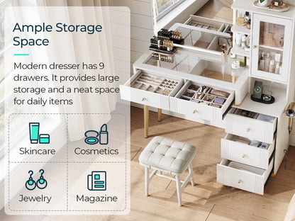 Linsy Home Large 47.2" Makeup Vanity With Mirror And 11 Lights, Glass Top Vanity Desk with 9 Drawers & 2 Adjustable Cabinets, Dressing Table with Charging Station & Hair Dryer Rack For Bedroom, White