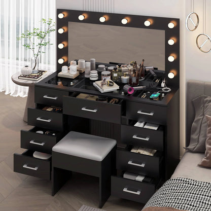 Ktaxon Large Makeup Vanity, Vanity Table Set w/ Visible Glass Top w/ Charging Station, White
