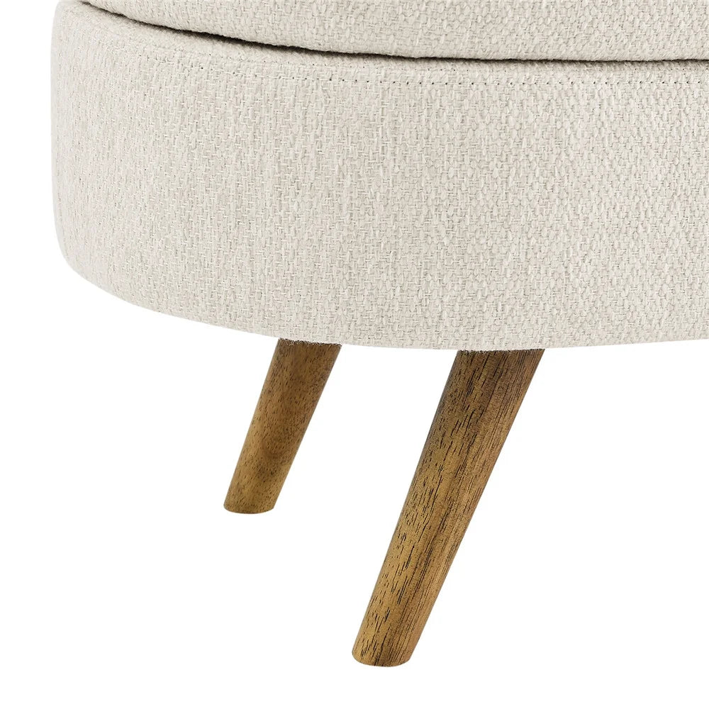 43.5" Oval Storage Ottoman Bench with Solid Wood Legs, Linen Fabric Upholstered Entryway Bench with Safety Hinge, Indoor Bench for End of Bed, Sofa Side, Entryway
