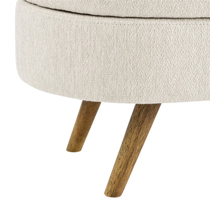 43.5" Oval Storage Ottoman Bench with Solid Wood Legs, Linen Fabric Upholstered Entryway Bench with Safety Hinge, Indoor Bench for End of Bed, Sofa Side, Entryway