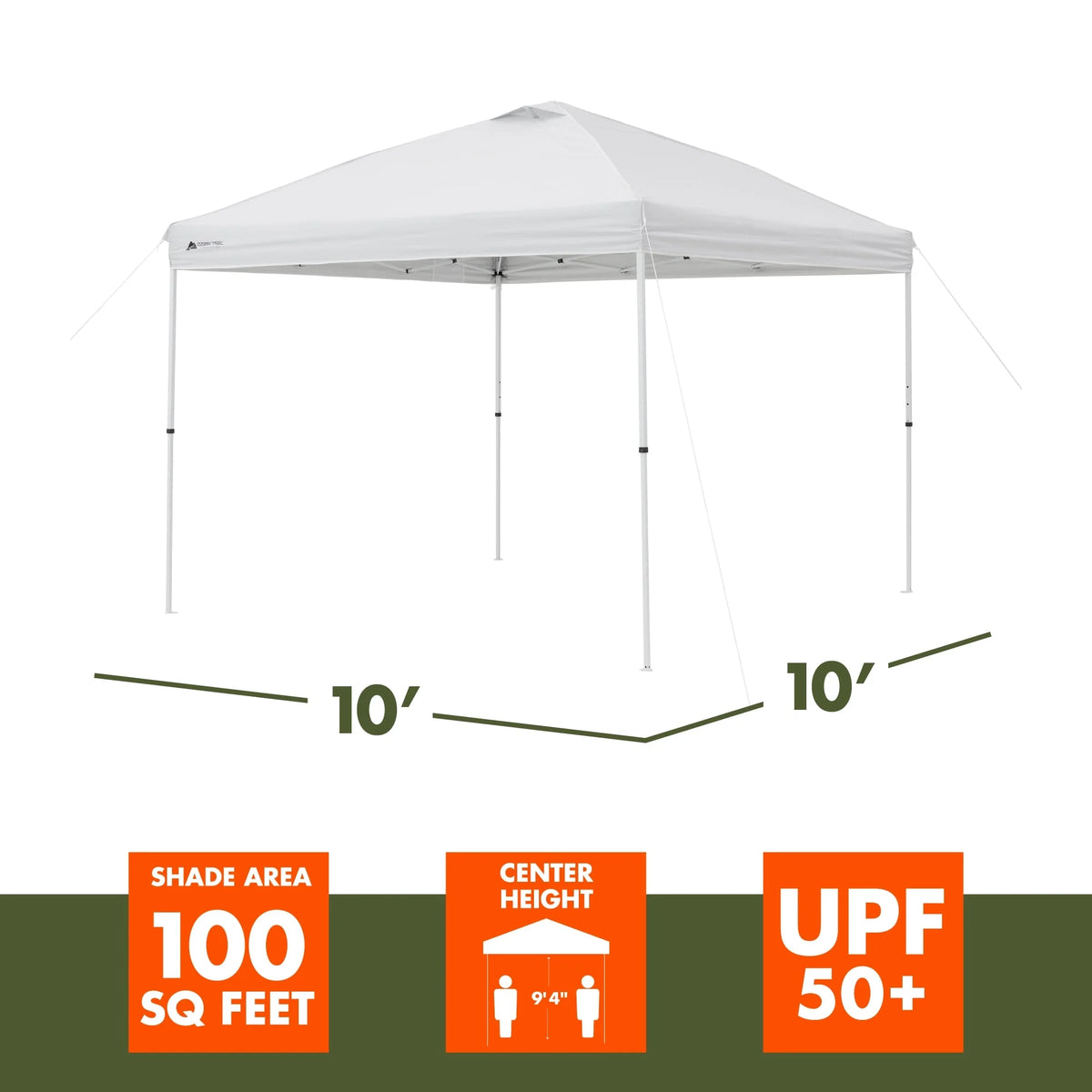 Ozark Trail 10x10 Instant Pop Up Canopy Tent with Simple Push Setup �?Straight Leg Pop-Up Tent for Tailgating, Camping & Events, White