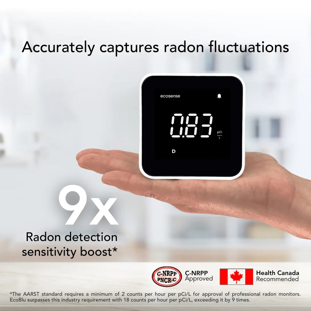 Ecosense EB100 EcoBlu, Digital Radon Detector, Fast & Accurate, Short-Term and Long-Term Monitoring, Full Size LED Screen, Easy to Use (White)