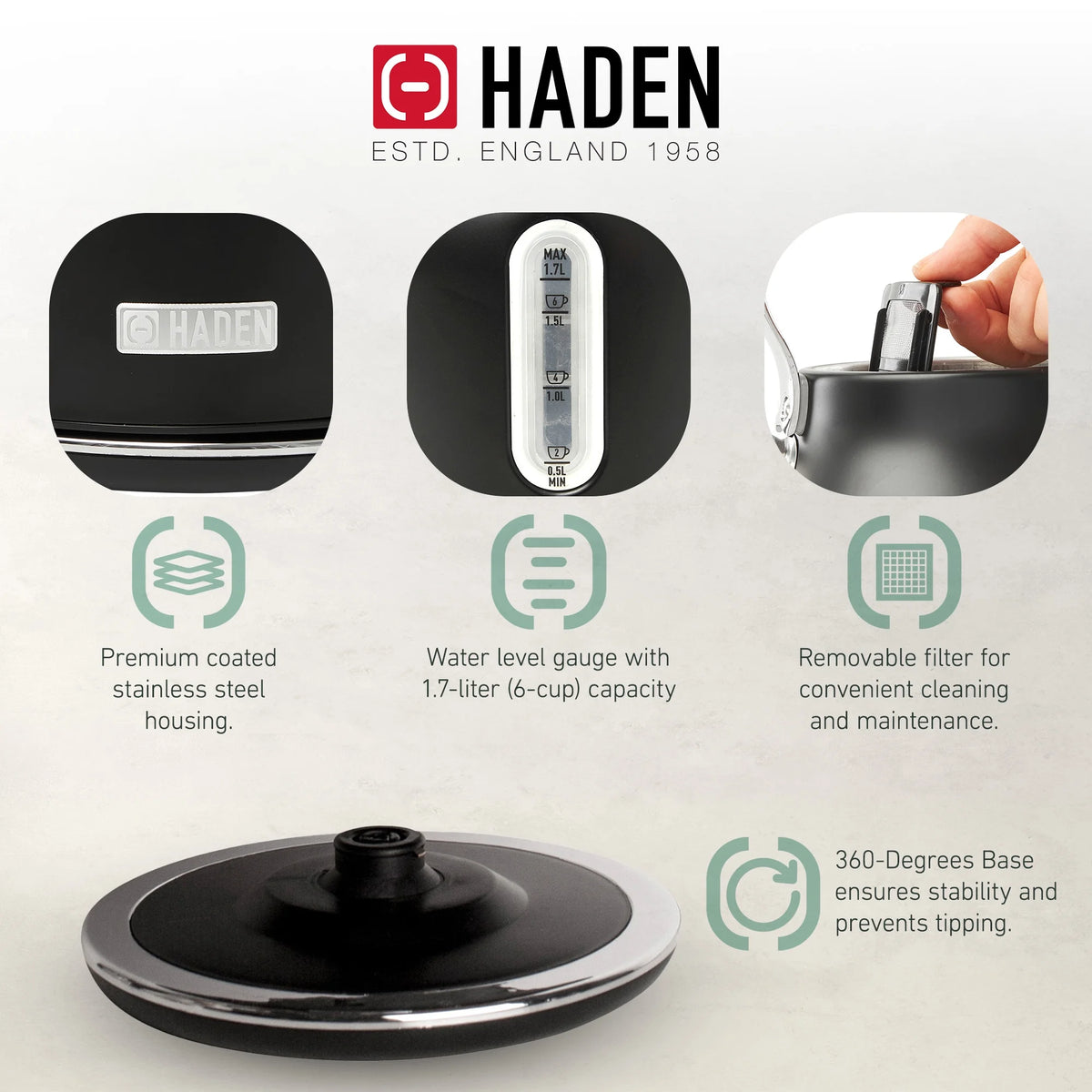 Haden Heritage 1.7 Liter Electric Kettle with 2 Slice Bread Toaster, White