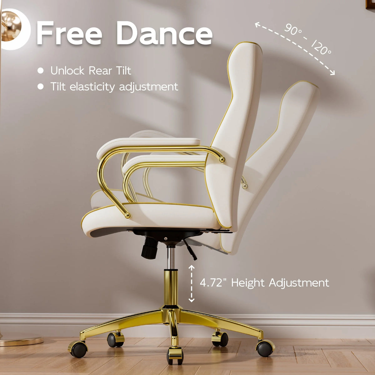 Ninecer White and Gold Office Chair with Soft Leather Embroidery, Mid Back Vintage Swivel Executive Desk Chair with Wheels and Padded Arms, Adjustable Height