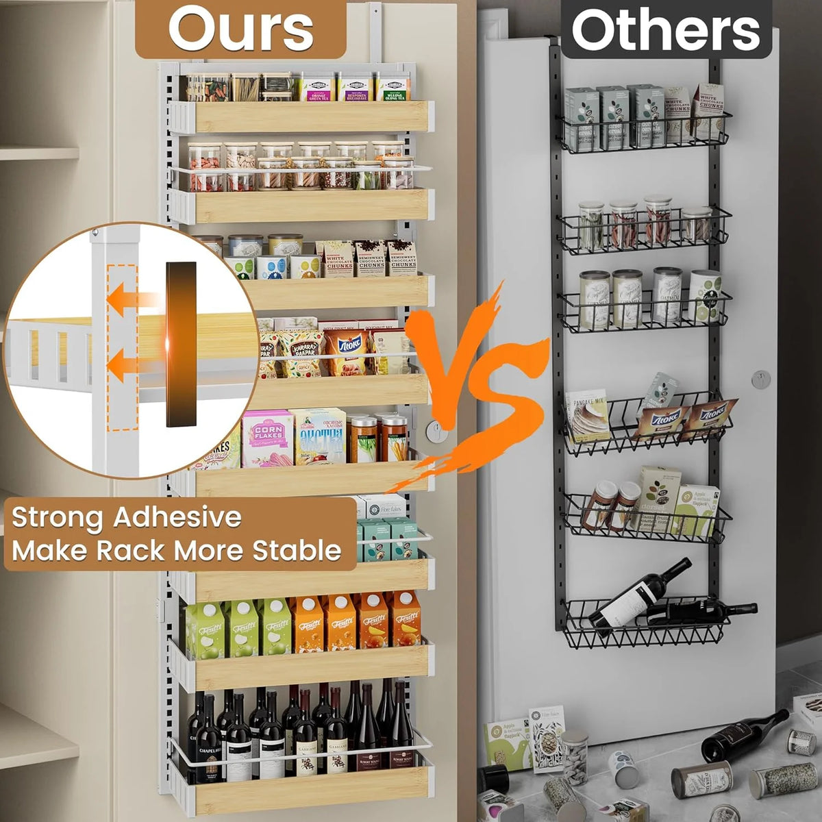 8 Tier Over The Door Pantry Organizer, 2 IN 1 Wall Mount or Hanging Spice Rack Seasoning Shelves with Adjustable Basket, Back of Door Organizer and Storage for Kitchen Cabinet and Room Closet
