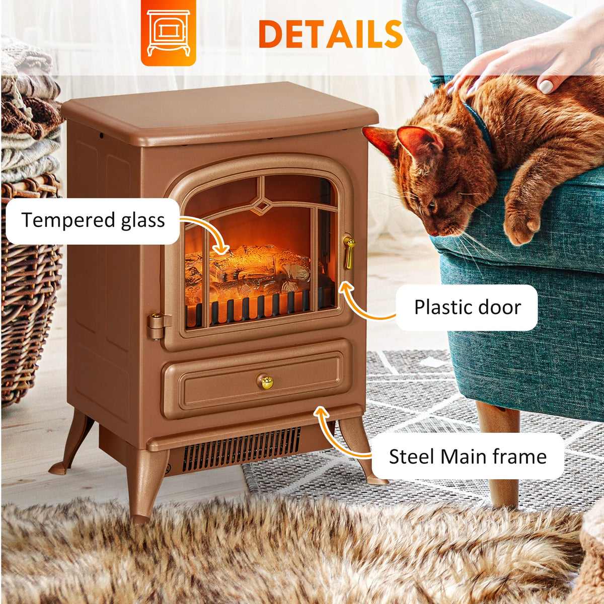 HOMCOM Electric Fireplace Heater with Realistic LED Flames Beige
