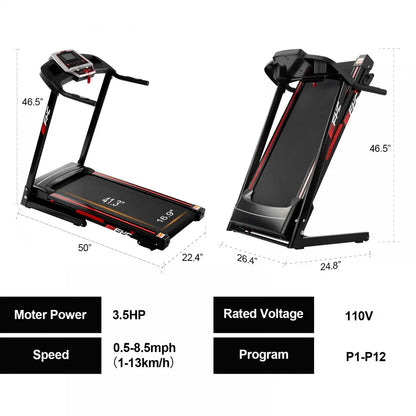 Foldable Electric Treadmill, 3.5HP Motorized Running Machine with 12 Perset Programs 300LBS Weight Capacity Walking Jogging Treadmill for Office Home Gym Workout with Incline