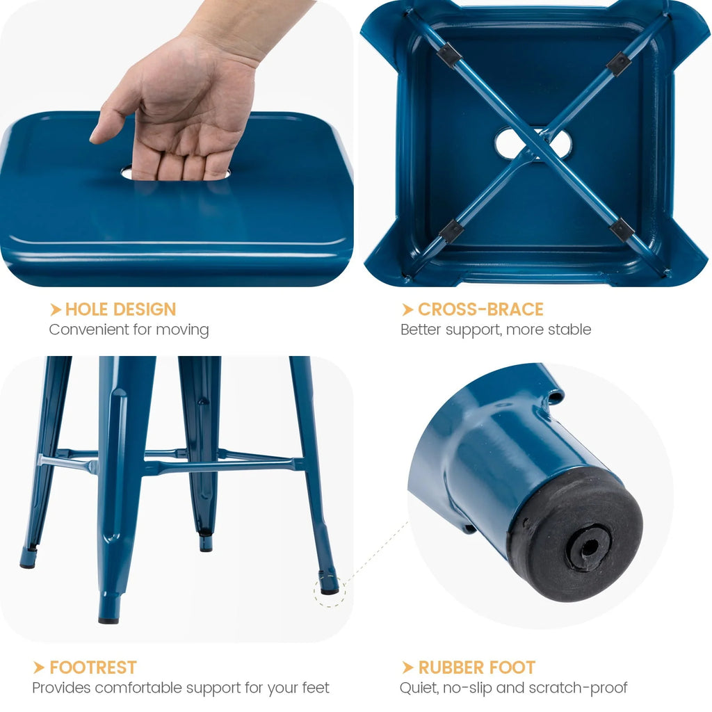 Brage Living Blue Backless Metal Bar Stools Indoor-Outdoor Counter Height Stool Backless Stackable Barstools Kitchen Counter Stools Chairs, Set of 4