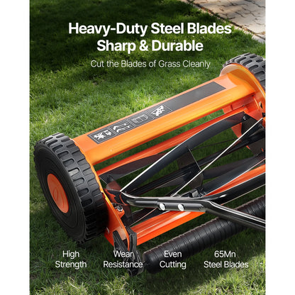 KFFKFF 16-Inch Manual Push Reel Lawn Mower, 5-Blade Design, Adjustable Cutting Height from 0.6 to 1.75 Inches, Walk-Behind Mower with Grass Collection Bag for Lawns, Driveways, and Courtyards