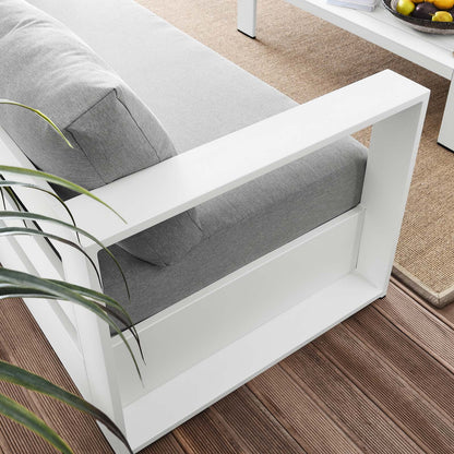 Lounge Sofa Table Set, Grey Gray, Aluminum, Metal, Fabric, Modern Contemporary, Outdoor Patio Balcony Cafe Bistro Garden Furniture Hotel Hospitality