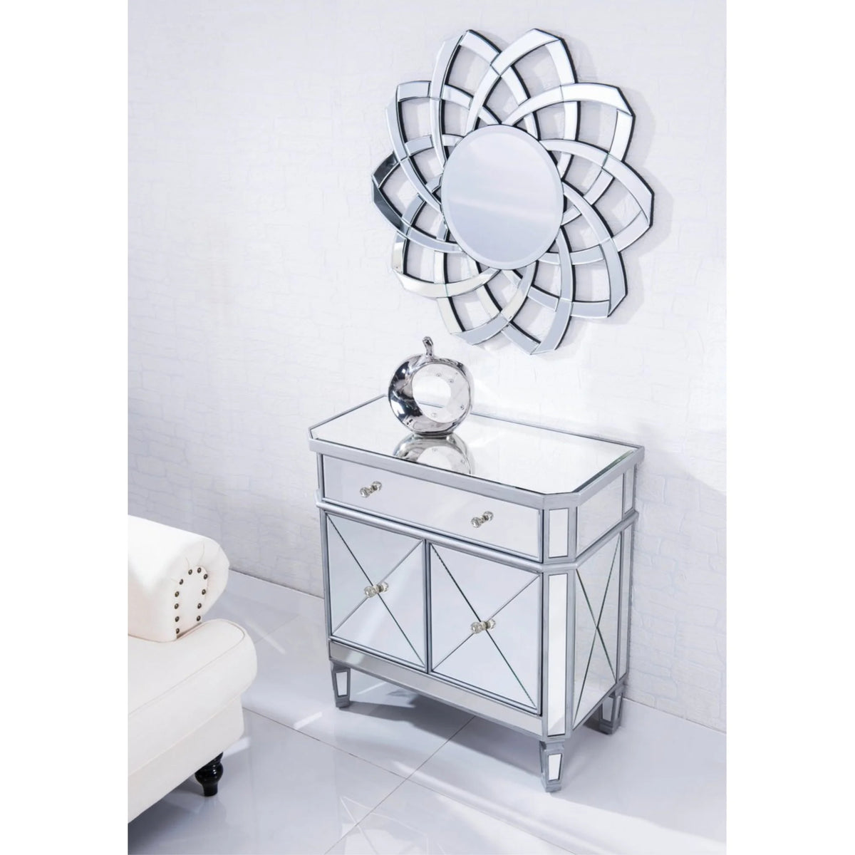 Elegant Lighting Side Cabinet Contemporary Silver Clear Brushed Steel Mirror Solid Wood Mirrors
