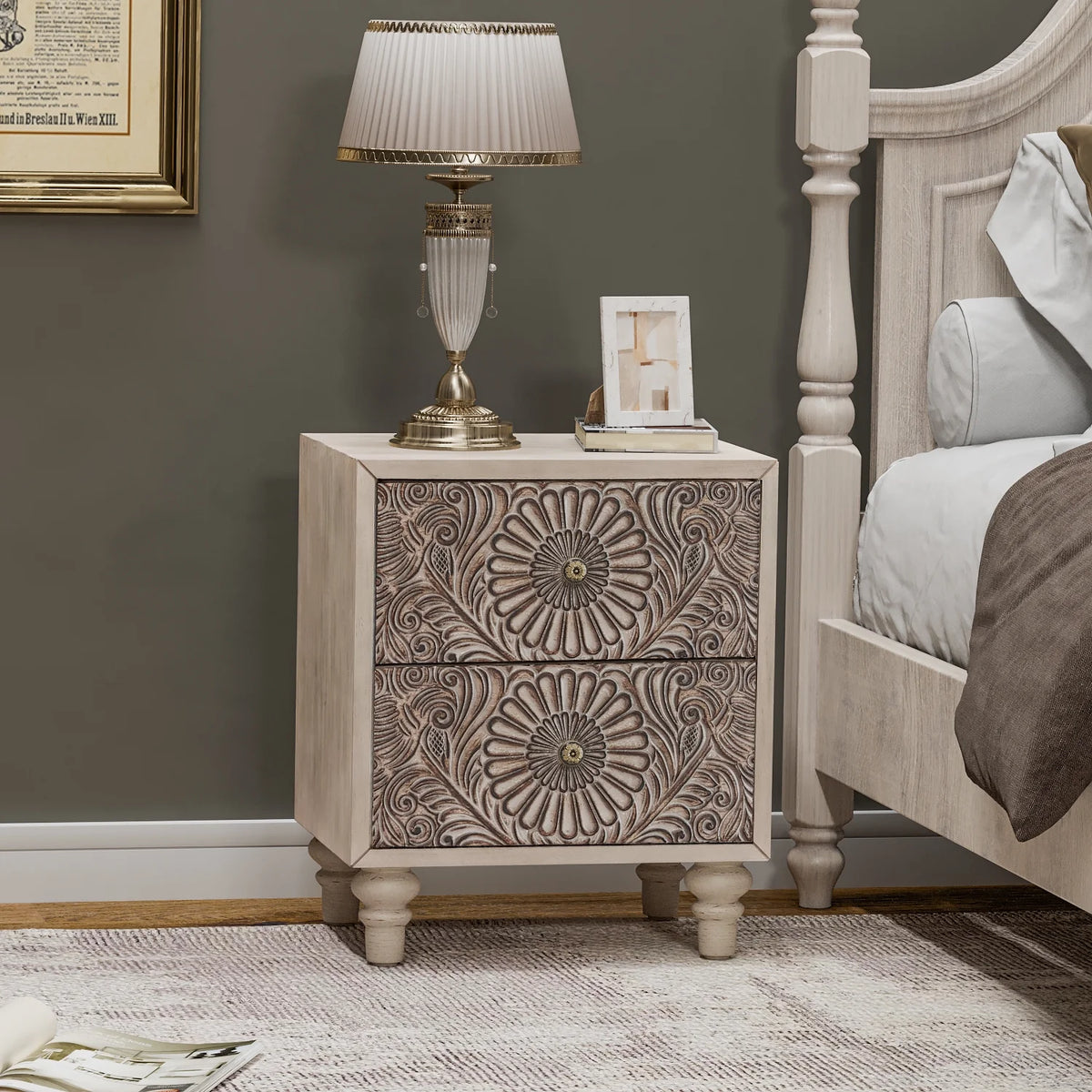 FOROUTIA Wooden Nightstand with 2 Drawers,Vintage MDF Bedside Tables with Storage