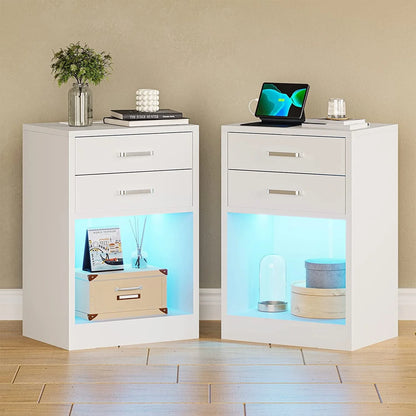 Set of 2 LED Nightstands with Charging Station, Modern Bedside Table with 2 Drawers, Black