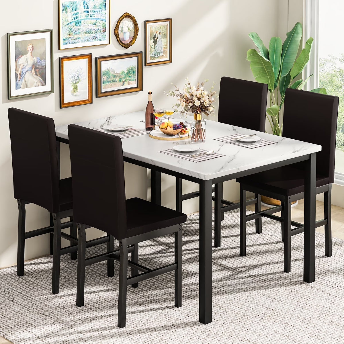 AWQM Dining Table Set of 4, Faux Marble 5 Piece Dining Room Table Set with PU Leather Chairs, Rectangular Kitchen Table Set for Apartment, Dining, White