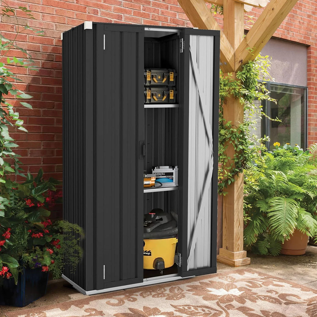 AECOJOY Outdoor Storage Cabinet for Garden & Patio, a Metal Organizer with Doors and Shelves in Gray