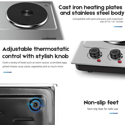 CUSIMAX 1800W Portable Double Burner Hot Plate �?Stainless Steel Countertop Electric Cooktop with Dual Cast Iron Heating Plates, Easy-to-Clean Silver Design, Upgraded Version