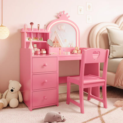 Yeshouse Princess Girls Makeup Vanity Table Set with Storage & Lights
