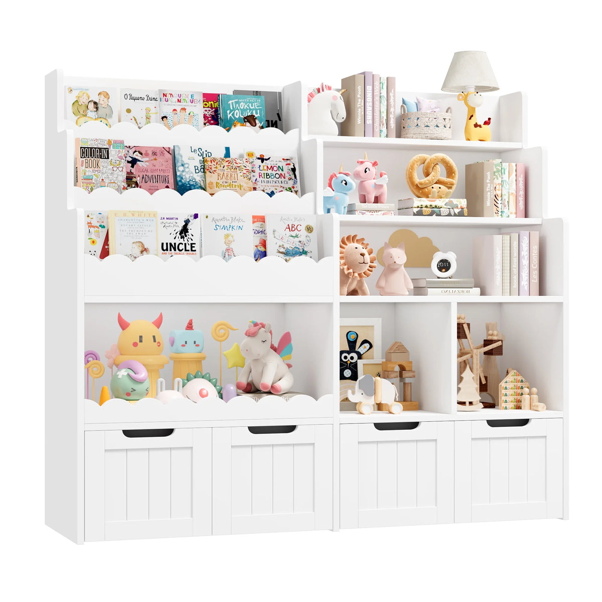 Hiphuta 47"Wide Large Kids Bookcase, Wood Bookshelf Toy Storage Organizer with Book Rack & Movable Boxes, White Bookshelf for Kids Room