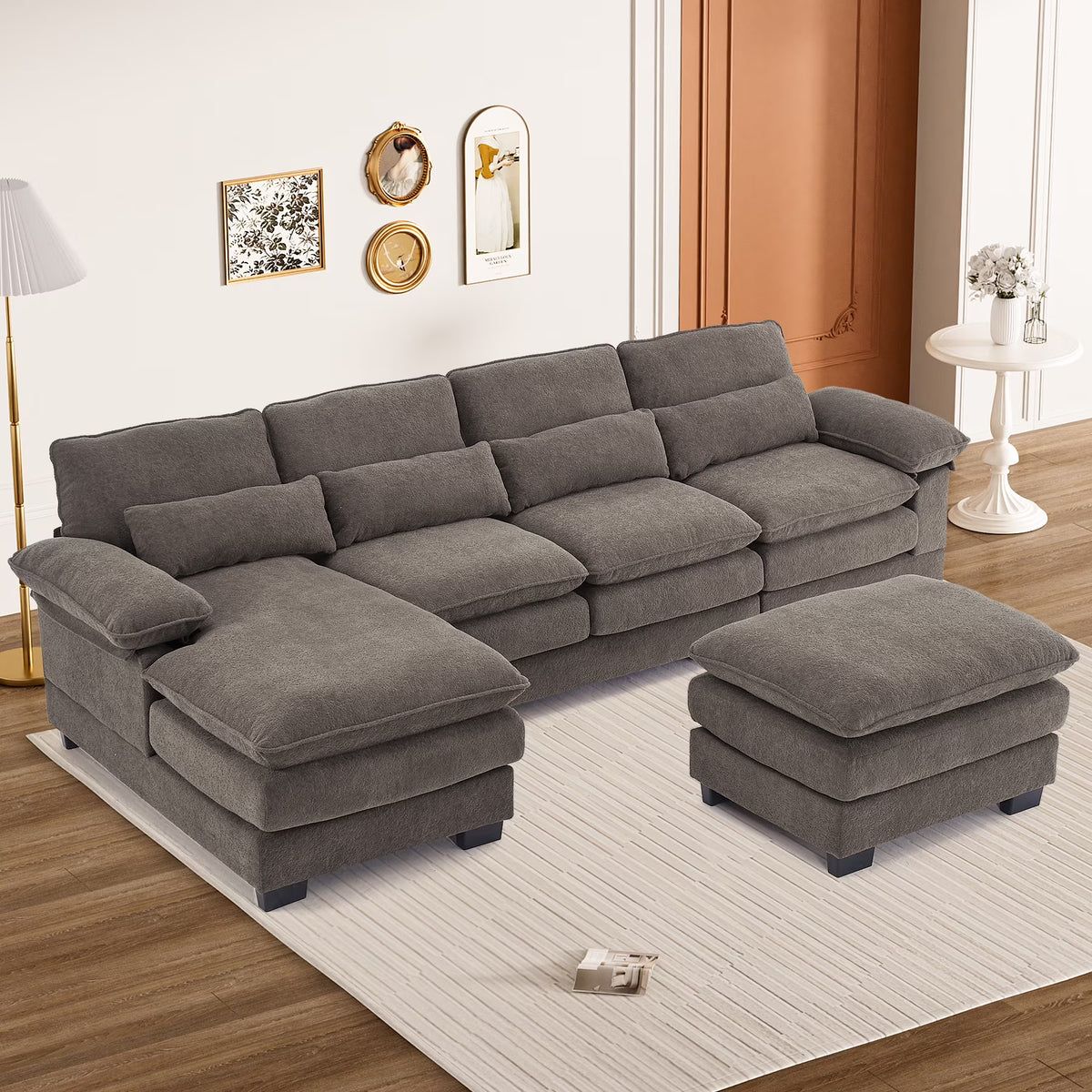 Rophefx 114.3" U Shaped Sectional Couches for Living Room,Cloud Couch,4 Seats Chenille Couch with Double Layer Cushion,Orange