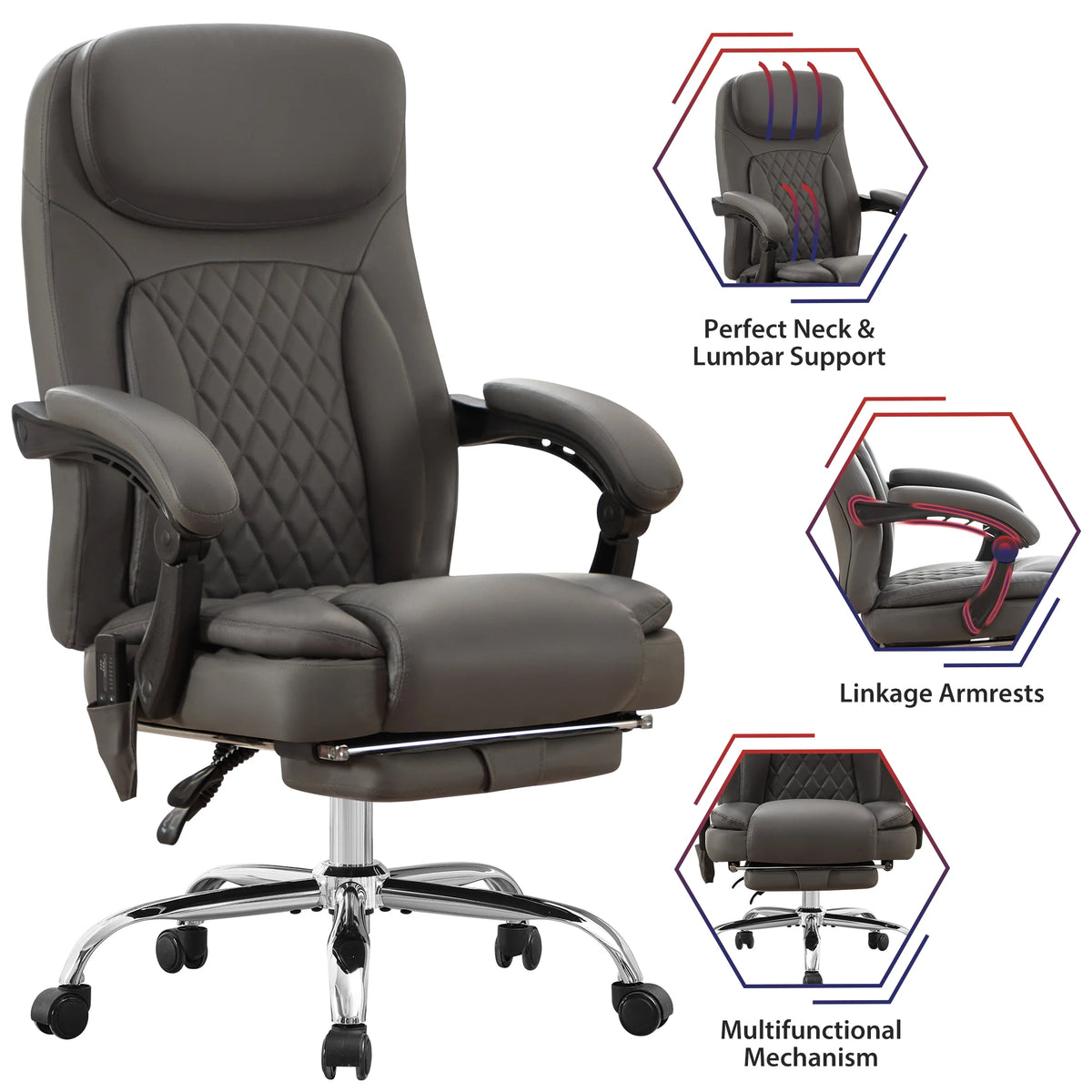 JONPONY Big and Tall Office Chair 500LBS Executive Office Chair Massage and Footrest Ergonomic Computer Desk Chair Reclining High Back Leather Office Chair Lumbar Back Support Swivel Rolling,Black