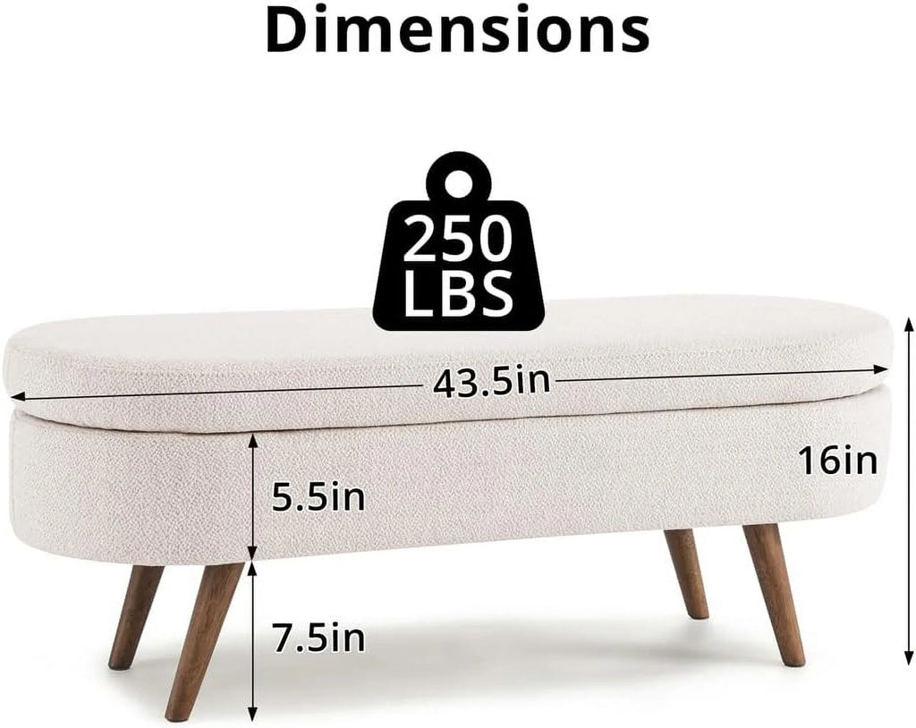 Sumdeal 43.5" Storage Ottoman Bench with 250lb Seating, Linen Upholstered Wood Legs Safety Hinge Flip Top Oval Foot Rest Long Stool for Sofa Couch Bedroom End of Bed Living Room Entryway, White