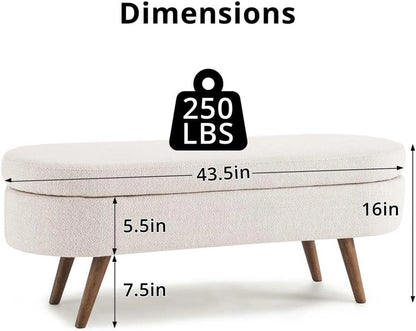Sumdeal 43.5" Storage Ottoman Bench with 250lb Seating, Linen Upholstered Wood Legs Safety Hinge Flip Top Oval Foot Rest Long Stool for Sofa Couch Bedroom End of Bed Living Room Entryway, White