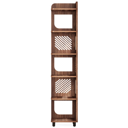 Fnova 71" 6-Tier Tall Corner Bookshelf, Rustic Wooden Narrow Corner Bookcase with Artistic Square Rack, Freestanding Display Storage Shelf for Space-Saving Home Organizing