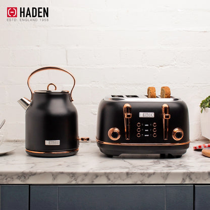 Haden Heritage 1500 1.7 Electric Kettle, Matte Black Finish with Copper Accents