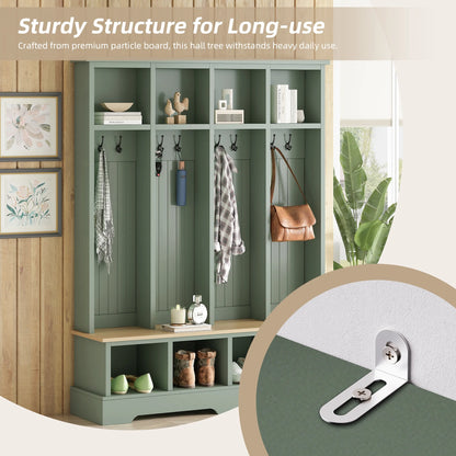 Euroco Farmhouse 59"W Wide Hall Tree with 8 Hooks, Practical Entryway Bench with Open Compartments, 76.7"H Modern 3-in-1 Wooden Style Coat and Shoe Rack for Mudroom, Living Room, Green