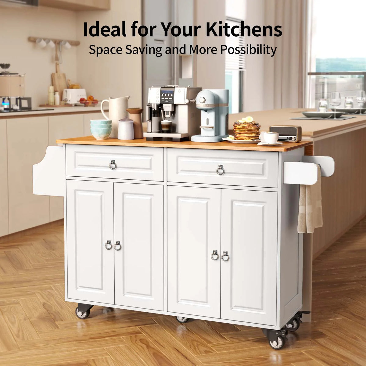 Lofka 52-Inch Kitchen Island with Storage on Wheels with Wood Drop Leaf, Ideal for Small Kitchens