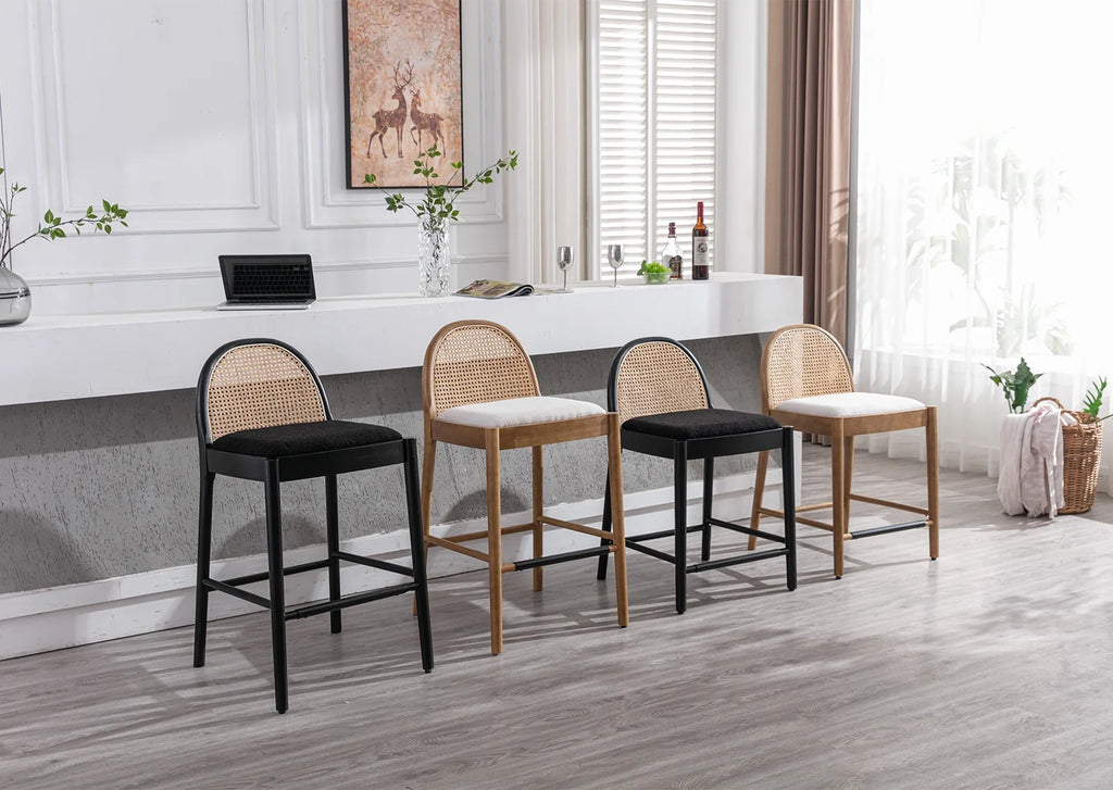 Guyou Modern Bar Stools Set of 2, 26" Counter Height Bar Stools with Natural Rattan Back and Solid Wood Frame, Sherpa Upholstered Kitchen Island Chairs for Bar Island Cafe Kitchen, Black