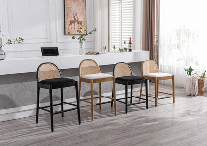 Guyou Modern Bar Stools Set of 2, 26" Counter Height Bar Stools with Natural Rattan Back and Solid Wood Frame, Sherpa Upholstered Kitchen Island Chairs for Bar Island Cafe Kitchen, Black