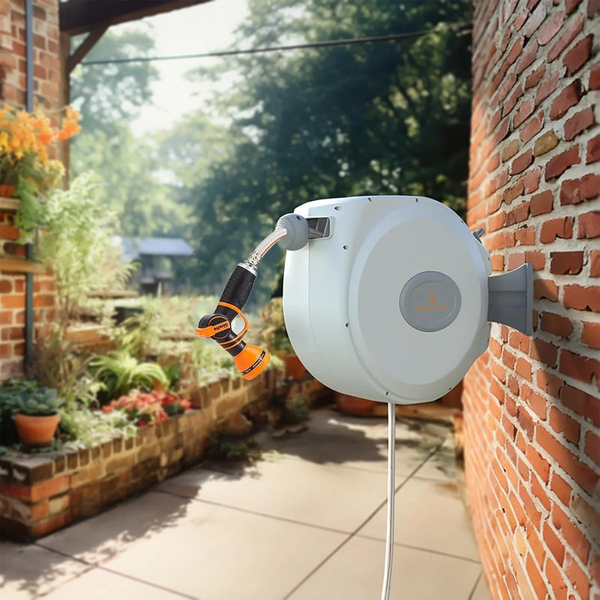 Giraffe Tools Retractable Garden Hose Reel with 1/2in-100ft Water Hose, Plastic Bracket, Wall Mounted, Dark Grey