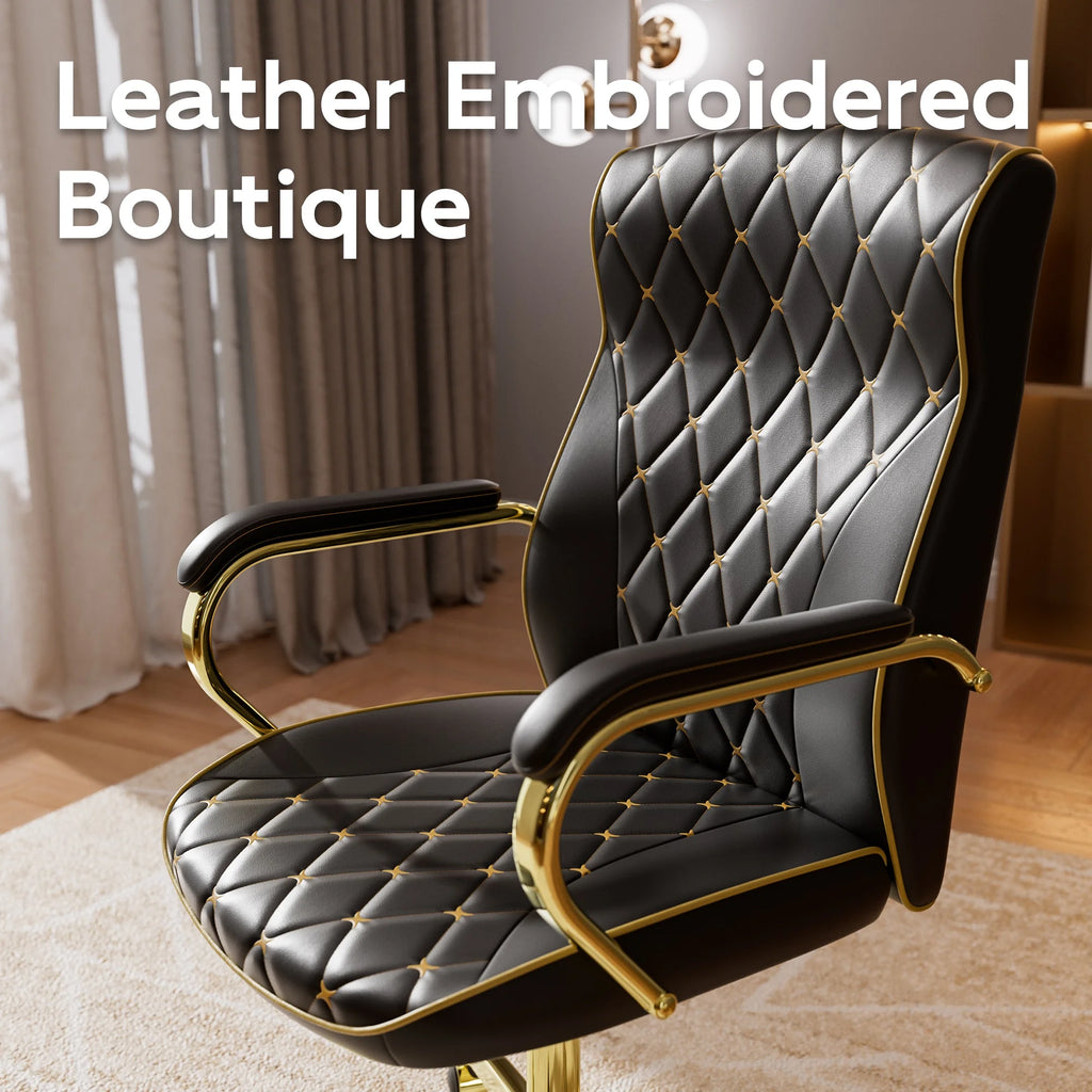 Ninecer White and Gold Office Chair with Soft Leather Embroidery, Mid Back Vintage Swivel Executive Desk Chair with Wheels and Padded Arms, Adjustable Height