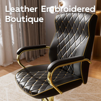 Ninecer White and Gold Office Chair with Soft Leather Embroidery, Mid Back Vintage Swivel Executive Desk Chair with Wheels and Padded Arms, Adjustable Height
