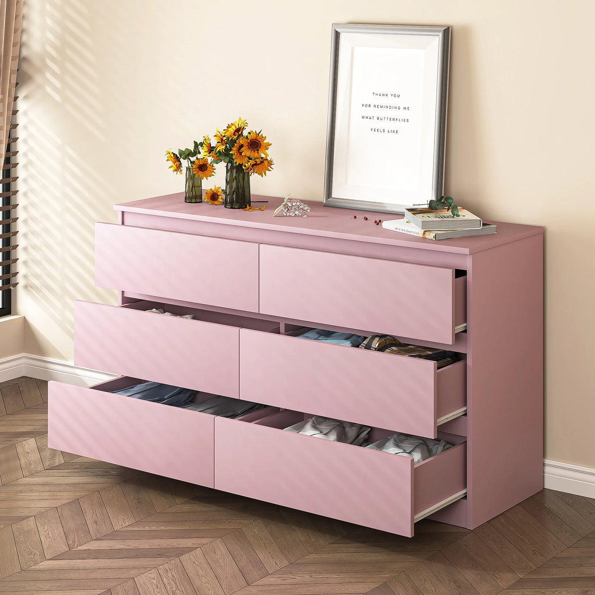 Resenkos Modern Mid Century 6 Drawer Wide Dressers Chests for Bedroom, Chest of Drawer Organizer Grey