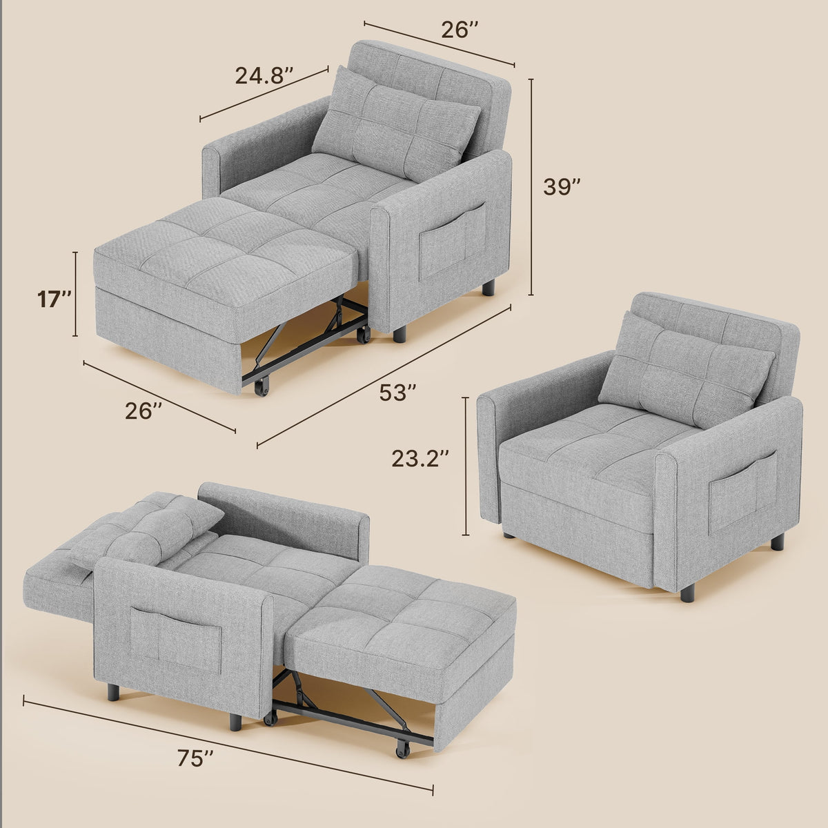 3 in 1 Convertible Sofa Bed Chair for Living Room , Aiho Sleeper Sofa Bed for Living Room, Dark Gray