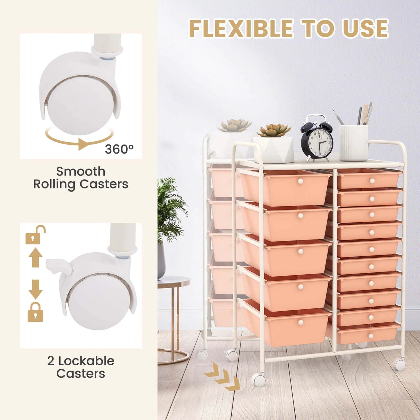 Costway 15 Drawer Rolling Storage Cart Tools Scrapbook Paper Office School Organizer White