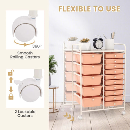 Costway 15 Drawer Rolling Storage Cart Tools Scrapbook Paper Office School Organizer White